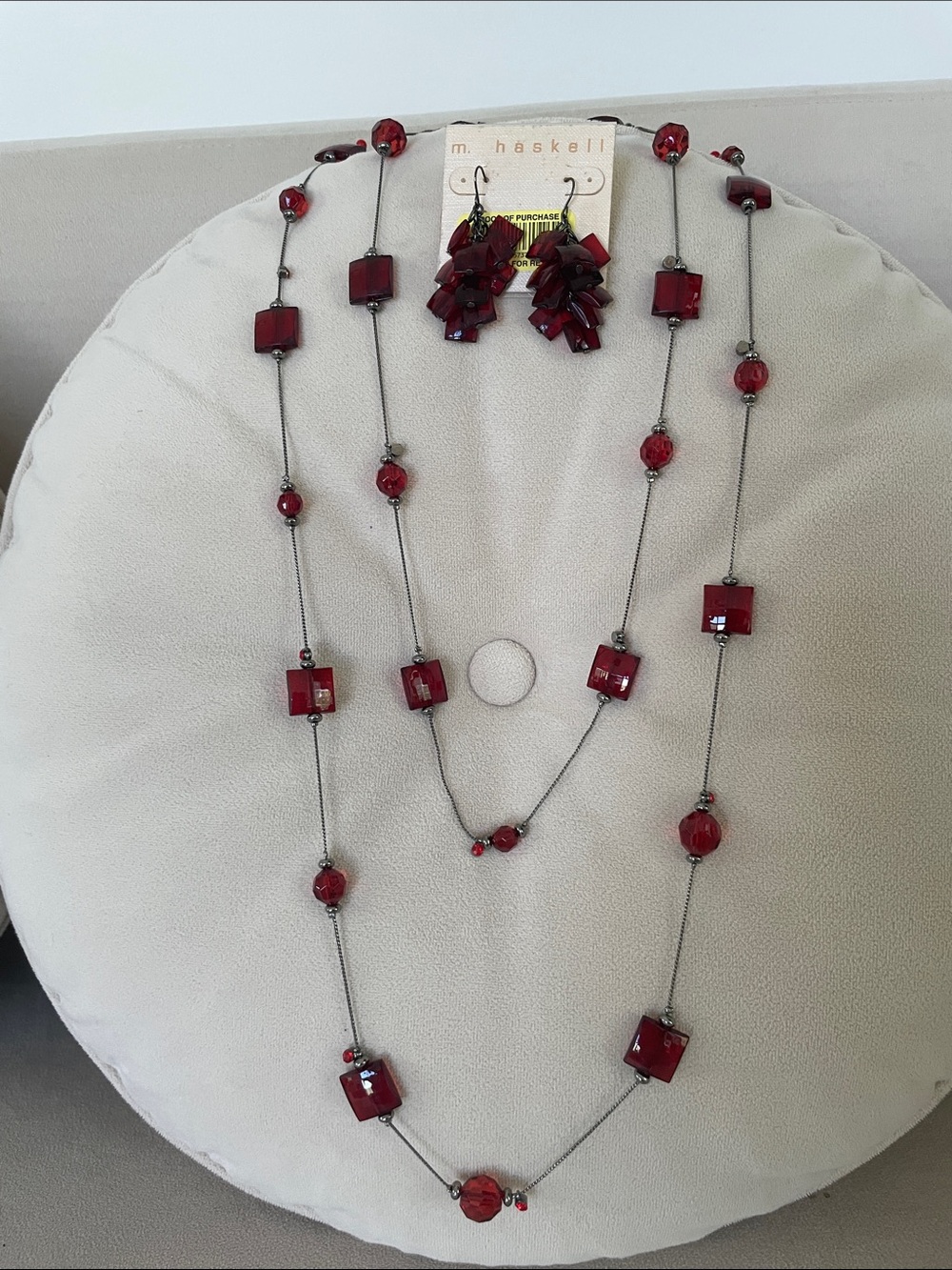 Red Bead Layered Necklace with Matching Earrings